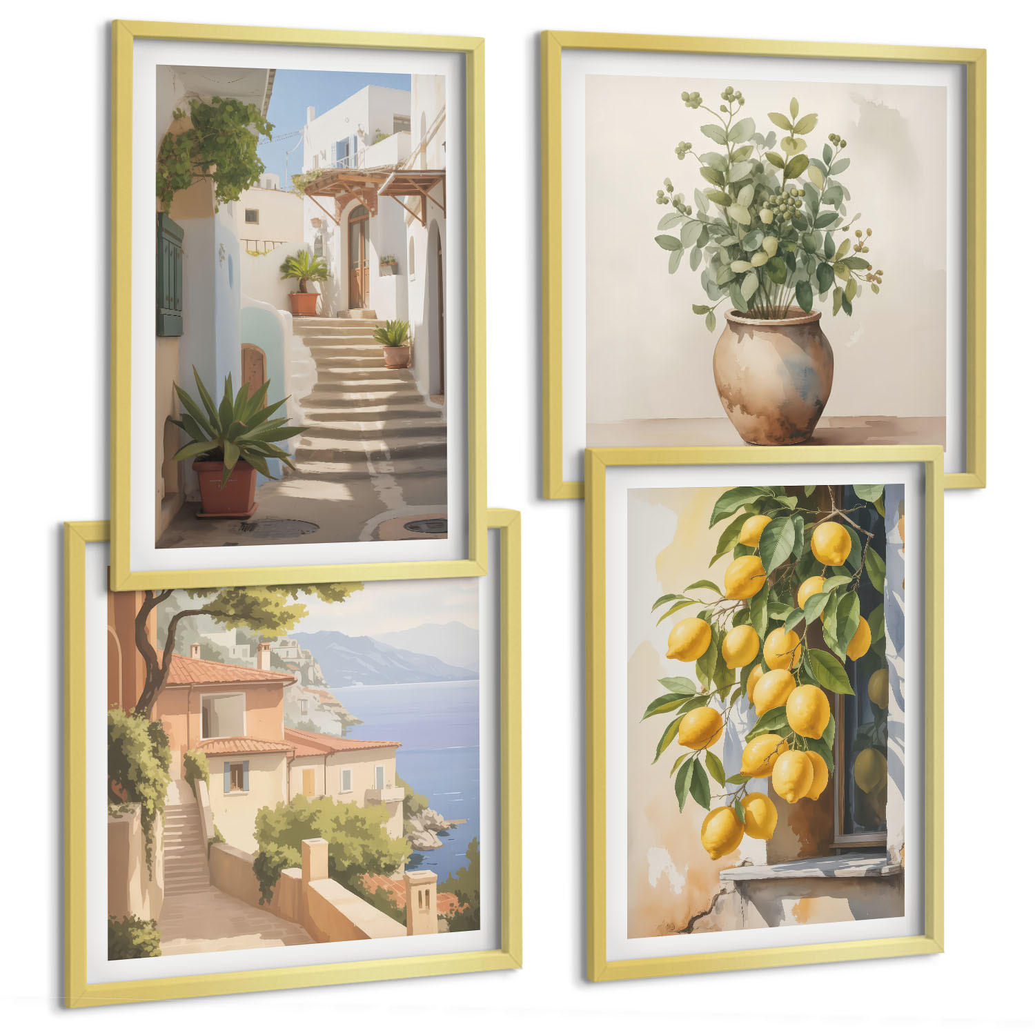 BILDER SET 4er Set - 50x50 cm & 40x60 cm Goldrahmen - Zitronenblumen im Topf, Straßen - Goldfarben, Kunststoff (50/50cm) - TULUP