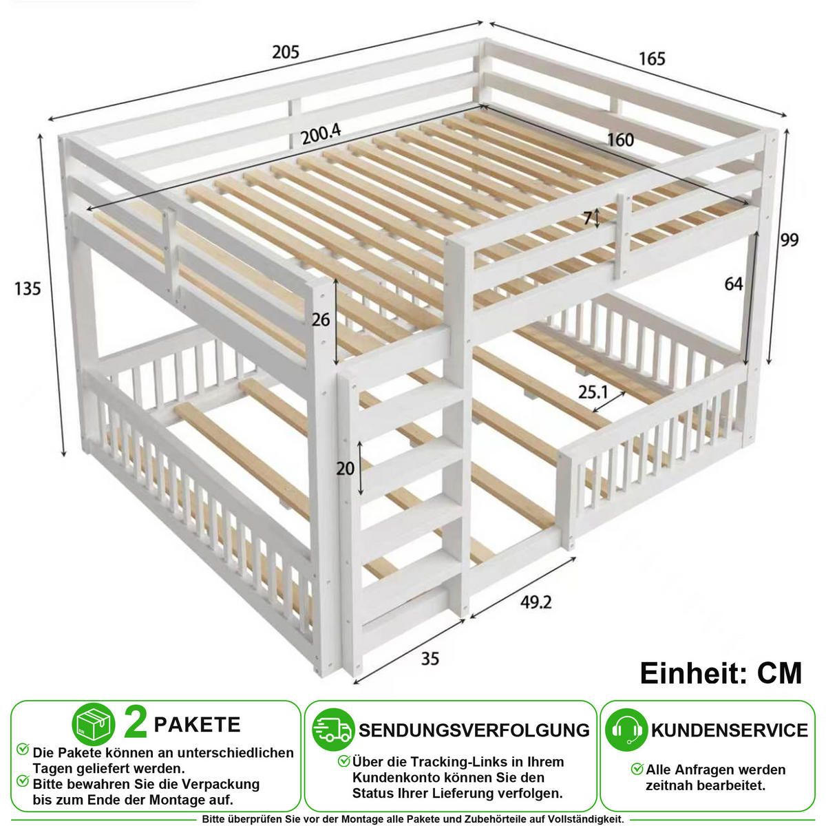 PATROVÁ POSTEL 160/200 cm & 160/200 cm v bílé barvě z masivní borovice - bílá, dřevo/kompozitní dřevo (160/200cm) - CHICFURN