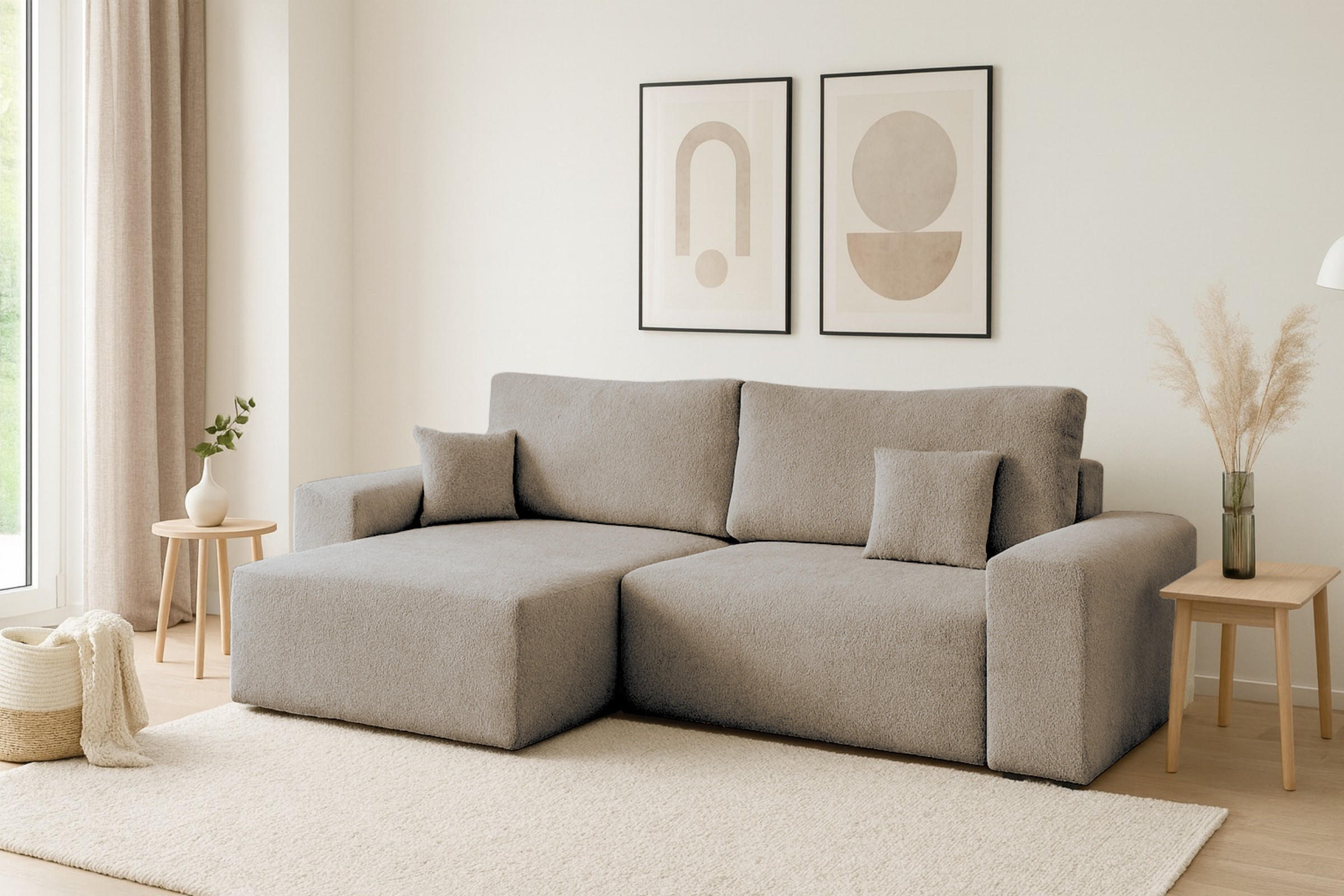 ECKSOFA MILKY 255/148 in Bouclé Grau-Beige links - Graubraun, Holz/Holzwerkstoff (255/148cm) - Deine Möbel 24