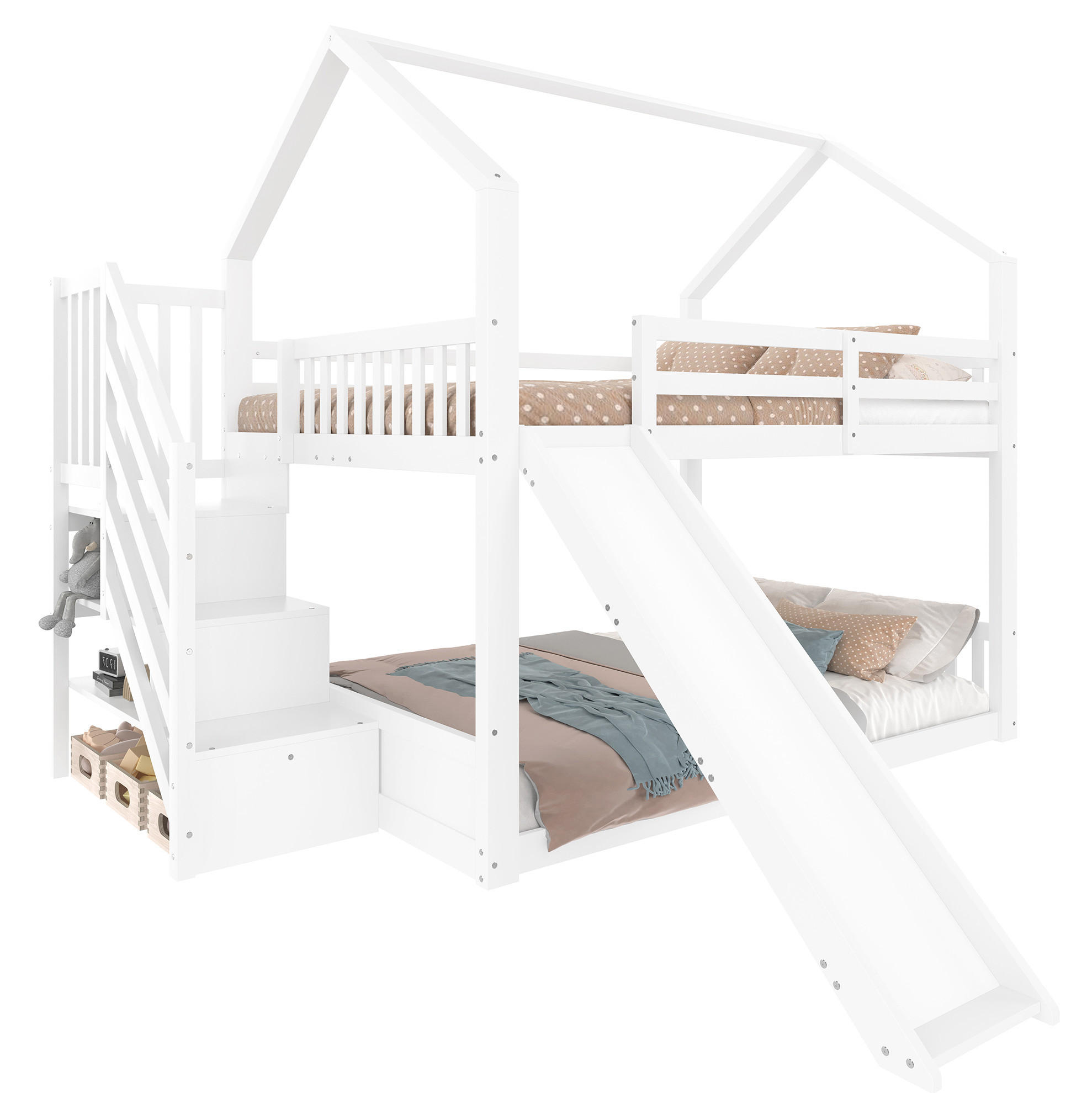 Redom PALANDA 140/200 cm s domečkovým designem, skluzavkou a úložným schodištěm, Bílá