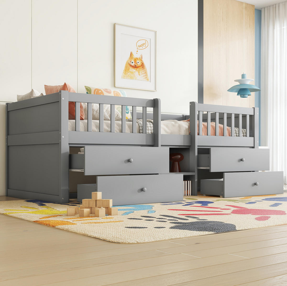 KINDERBETT Kindereinzelbetten 90/200 cm mit 4 Schubladen, Leiter und Sicherheitsgeländer aus Kiefer und MDF, Grau - Grau, Holzwerkstoff (90/200cm) - Redom