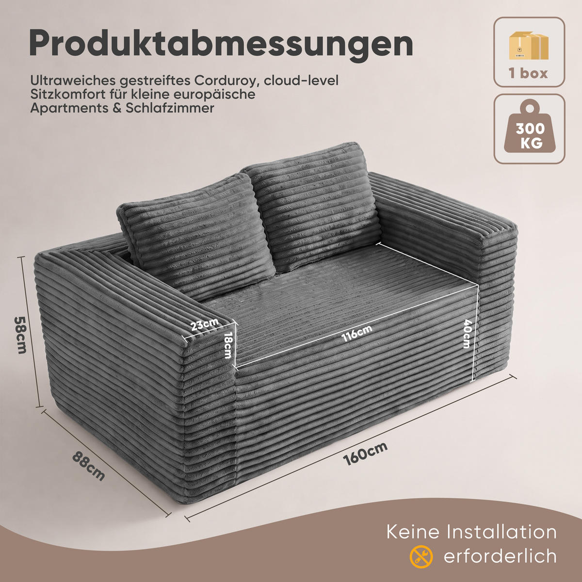 2-SITZER SOFA Cord Grau - Grau, Textil (160/58/88cm) - WISHDOR