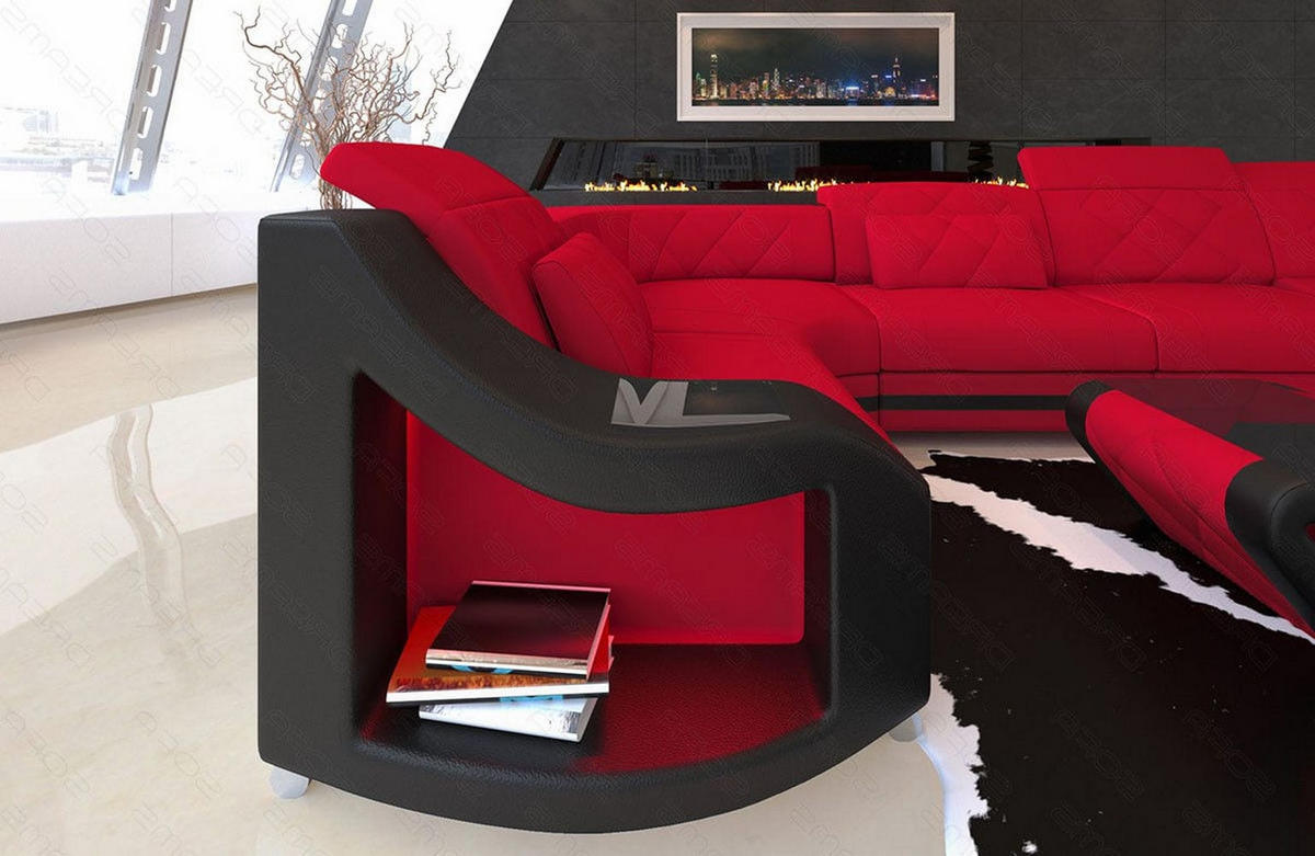 WOHNLANDSCHAFT Stoff Sofa Swing U Form Rot Schwarz Mikrofaserstoff - Rot, Kunststoff (404/90/220cm)