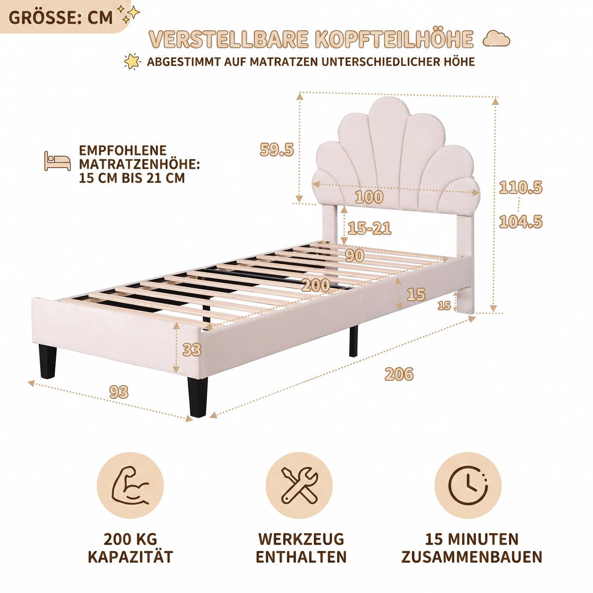 KINDERBETT 90x200 mit Lattenrost, Blütenblatt-Kopfteil, höhenverstellbar, Beige - Beige, Holz/Textil (90/200cm) - GENKI LIVING