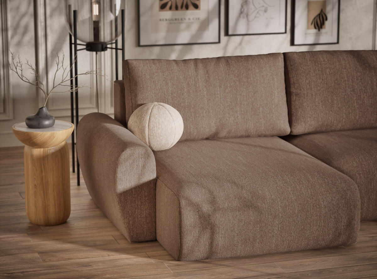 WOHNLANDSCHAFT MIT SCHLAFFUNKTION Numba Hellbraun Webstoff - Hellbraun/Schwarz, Holz/Holzwerkstoff (397/70/153cm) - Maison de Reve