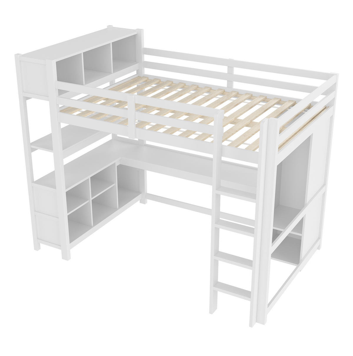 HOCHBETT 140/200 cm, Weiß mit Schreibtisch, Regalen und Kleiderschrank - Weiß, Holz (140/200cm) - MIVRAY