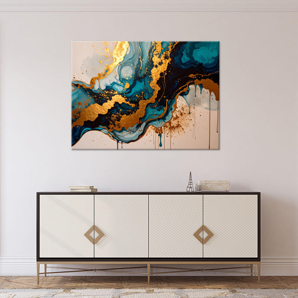 LEINWANDBILD, Abstraktion aus türkisfarbenem und goldenem Marmor - Goldfarben, Textil (120/80cm) - Feeby