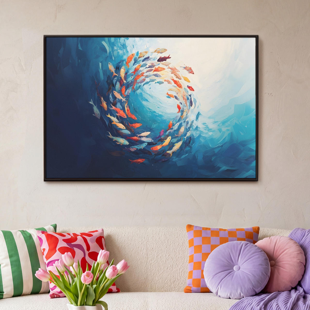 LEINWAND Bilder mit Rahmen - Meer - Fische - Bunt - Dynamisch - 90x60 - Hellblau, Textil (90/60cm) - MuchoWow