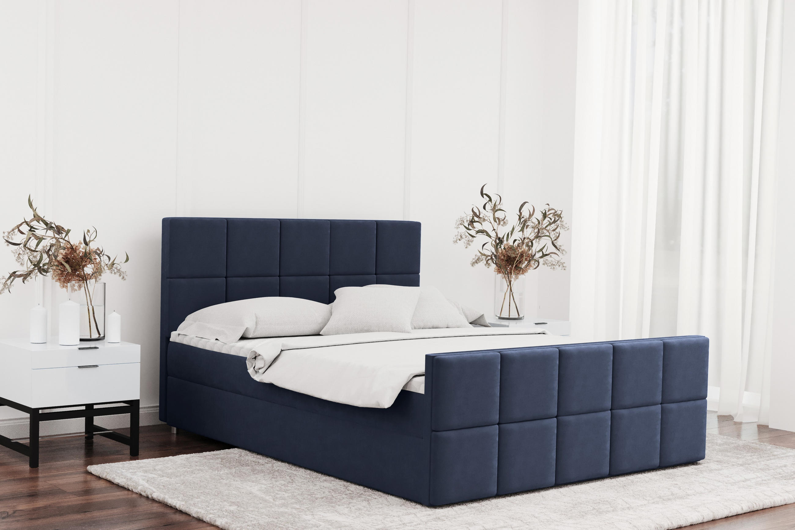 BOXBETT mit Bettkasten und Matratze Topper HANA Stoff Matt Velvet Marineblau 180x200 cm H2-Pocket - Dunkelblau, Holz/Textil (180/200cm) - Kaiser Möbel