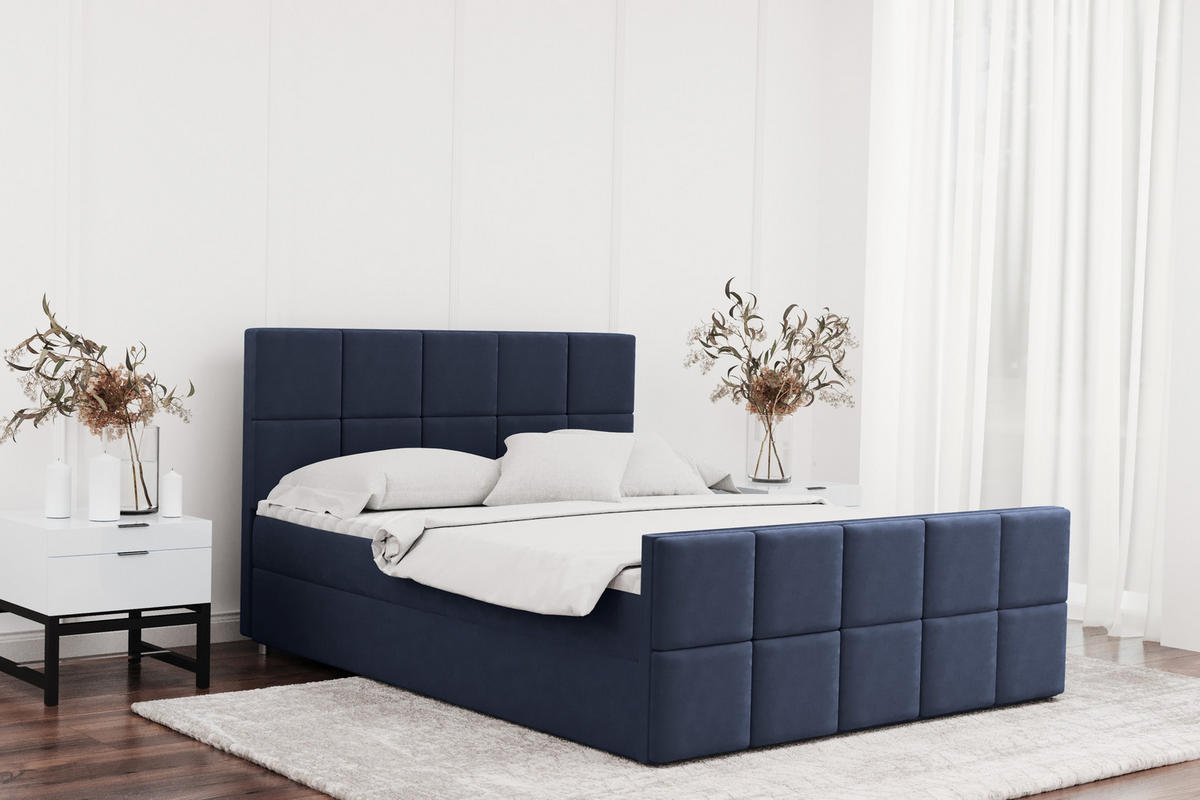 BOXBETT mit Bettkasten und Matratze Topper HANA Stoff Matt Velvet Marineblau 120x200 cm H3-Bonell - Dunkelblau, Holz/Textil (120/200cm) - Kaiser Möbel