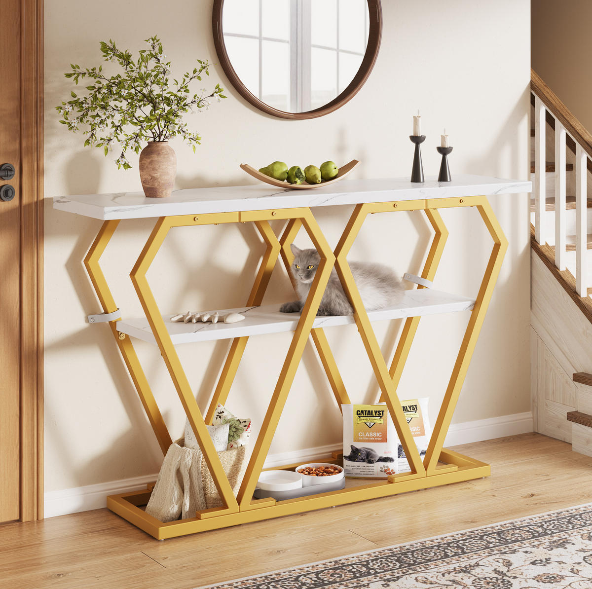 BEISTELLTISCH 120/29,5/80 cm in Weiß-Marmoroptik mit Ablage & goldenem Metallgestell - Weiß, Holzwerkstoff (120/29.5/80cm) - BEAOK