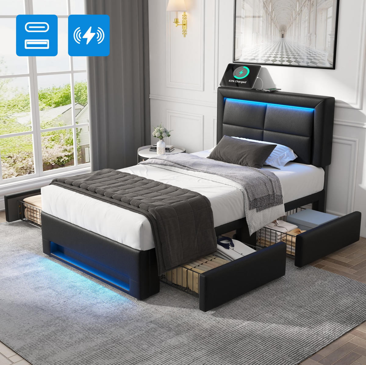 POLSTERBETT 90/200 cm mit USB-Anschluss, LED-Beleuchtung und 4 Schubladen in PU, Schwarz - Schwarz, Kunststoff (90/200cm) - Redom