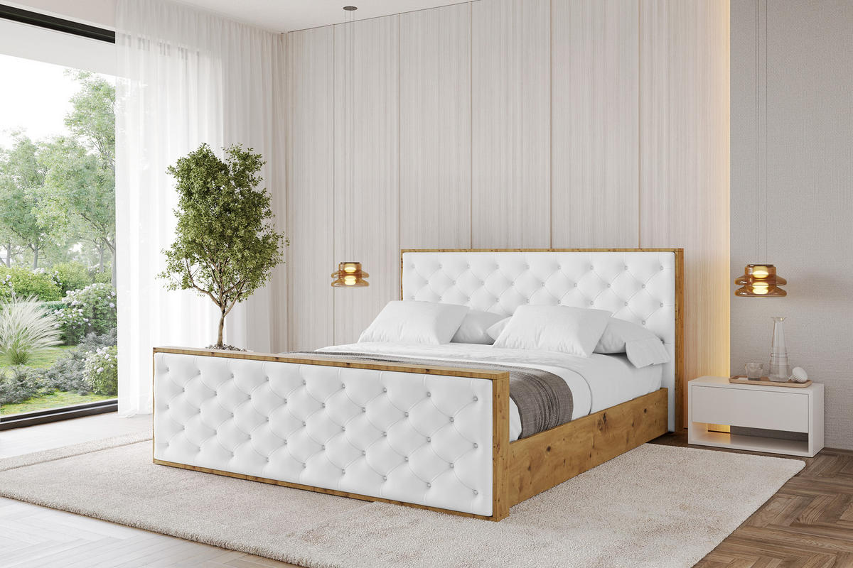 POLSTERBETT mit Bettkasten, Fußteil und Lattenrost, Boxbett ohne Matratze - ENZO3-Z 120x200 Weiß Kunstleder - Weiß Hochglanz, Holzwerkstoff/Textil (120/200cm) - ALTDECOR