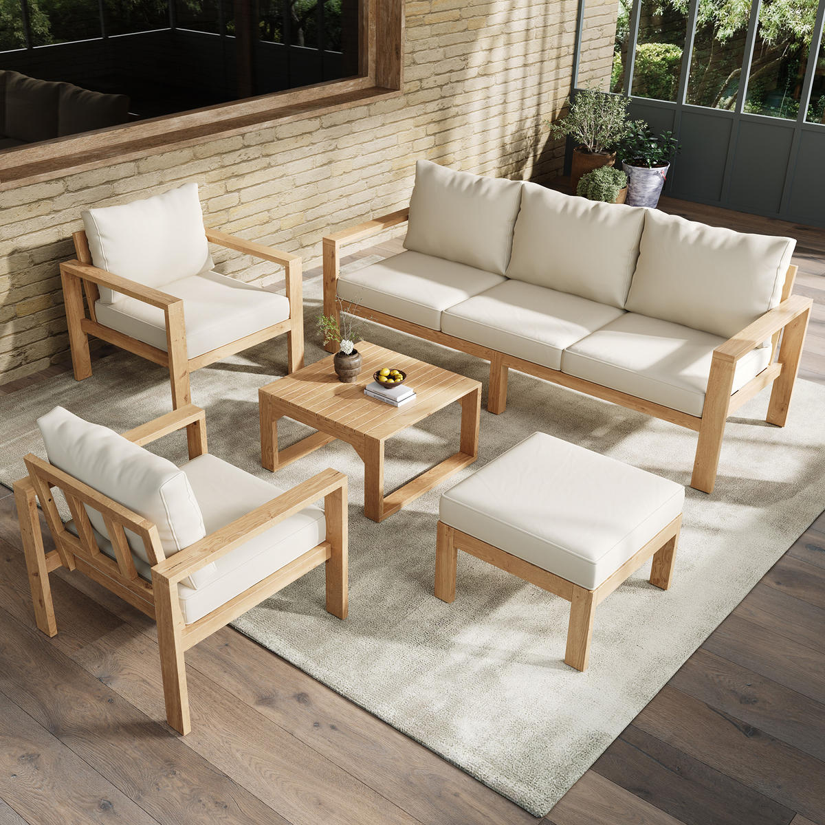 GARTENMÖBEL-SET, 4-6 Personen, Akazienrahmen, Natur/Creme - Creme, Textil - FLIEKS