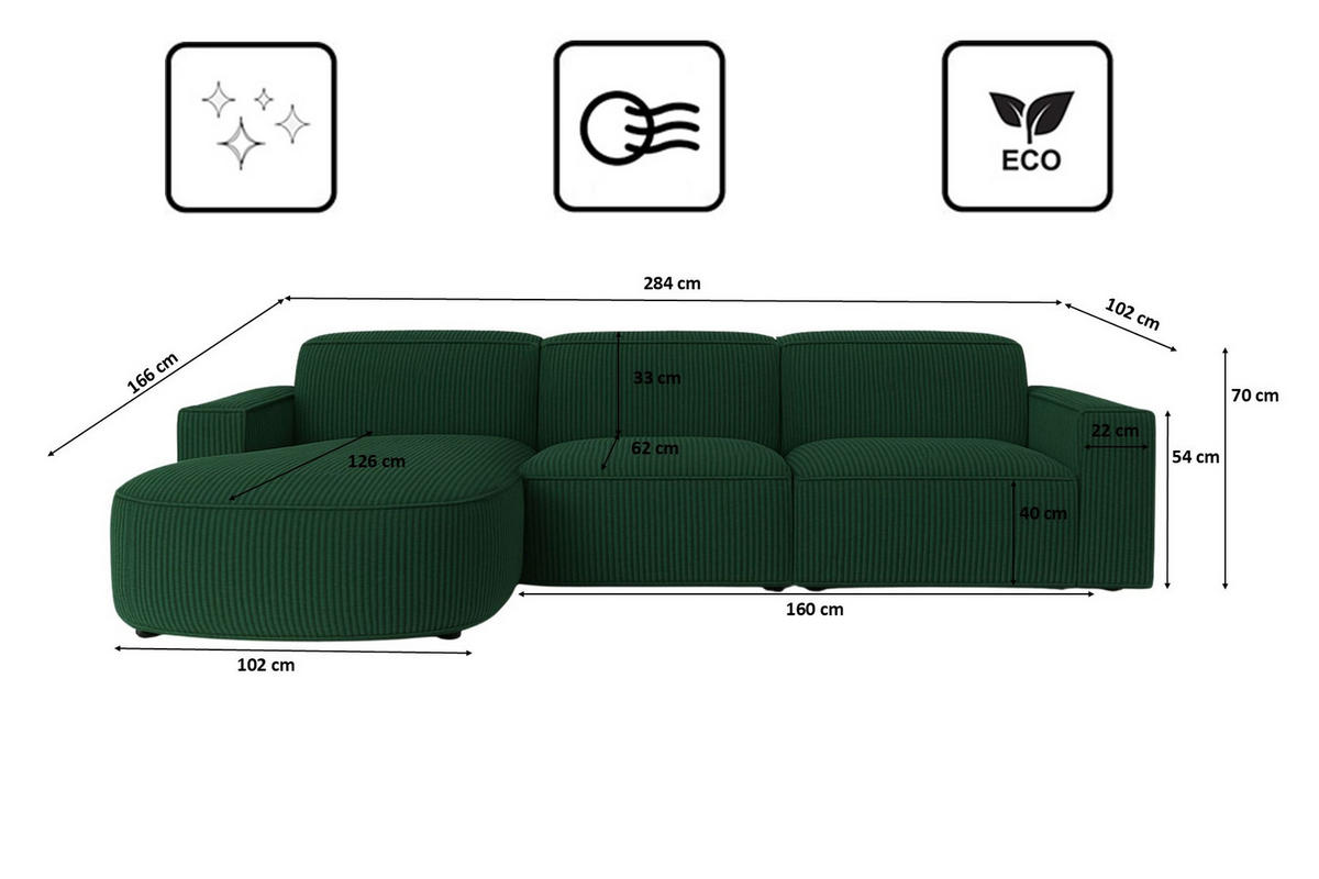 ECKSOFA Cursal Round L-Form, Stoff Poso, Grün, Links - Grün, Holz (284/166cm) - Kaiser Möbel