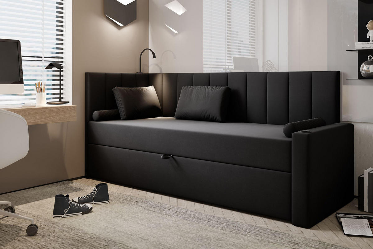 JUGENDBETT, 80 x 200 cm, Tokio, Bett mit Bonellmatratze H3 und Bettkasten, Einzelbett, Schwarz - Schwarz, Holzwerkstoff/Kunststoff (80/200cm) - Trada