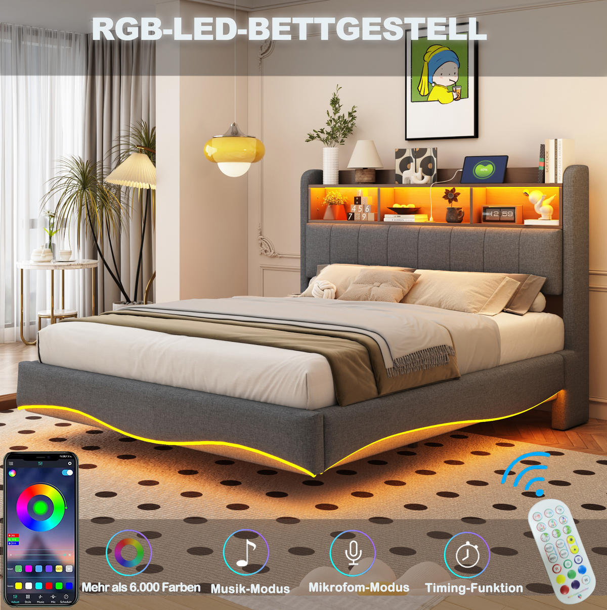 POLSTERBETT 160/200 cm grau aus Stoff mit LED-Beleuchtung - Grau, Textil (160/200cm) - OKMYHOME