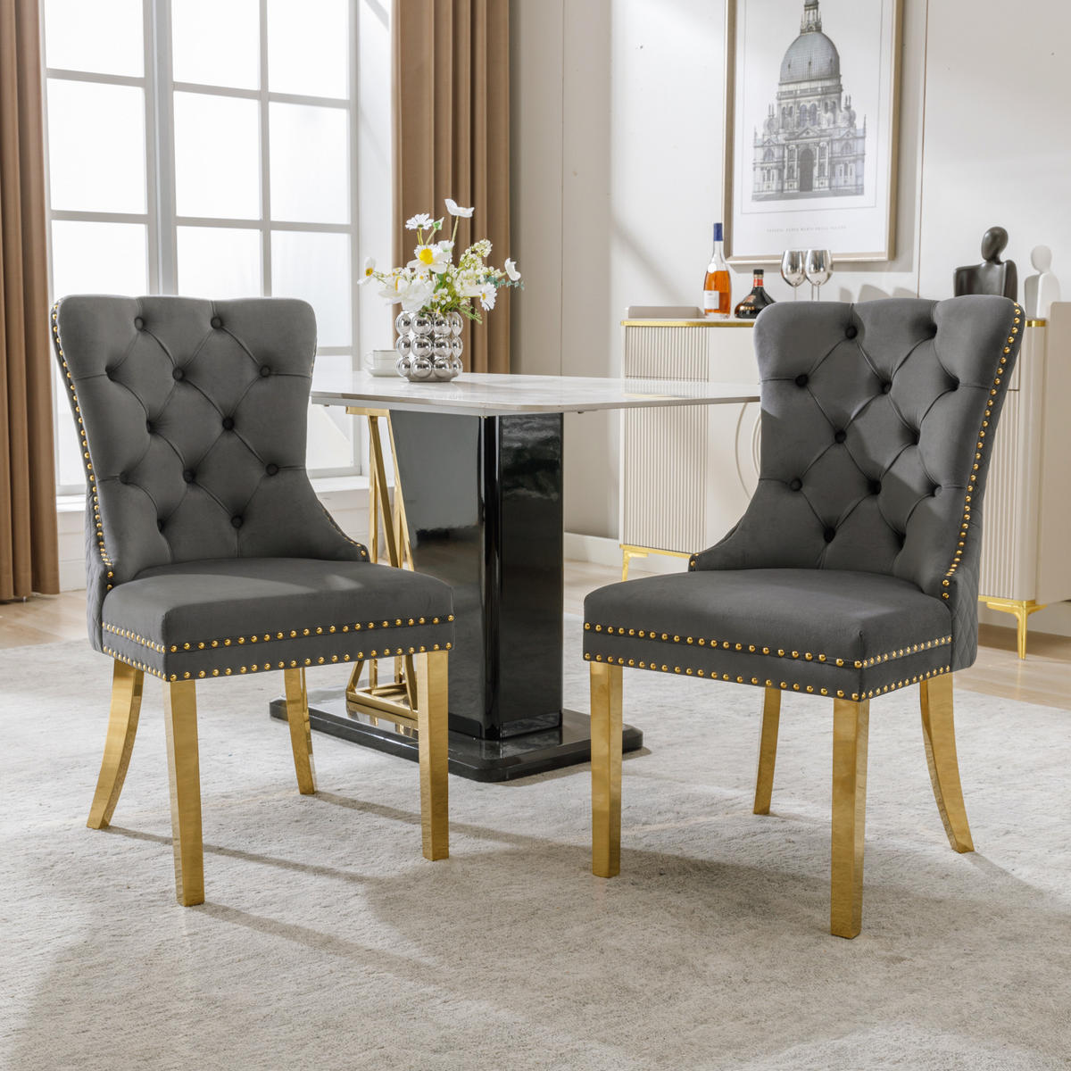 ESSZIMMERSTUHL 2-Tlg Samt Grau Gold, Nagelkopf, Gold Beine - Grau, Textil (50.5/95/45cm) - FLIEKS