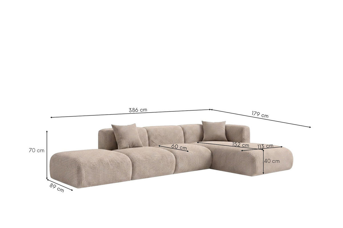 ROHOVÁ SEDAČKA ve tvaru L s taburetem, žinylková látka Cremona, Béžová, Pravá, GRETA - béžová, dřevo (386/179cm) - Kaiser Möbel