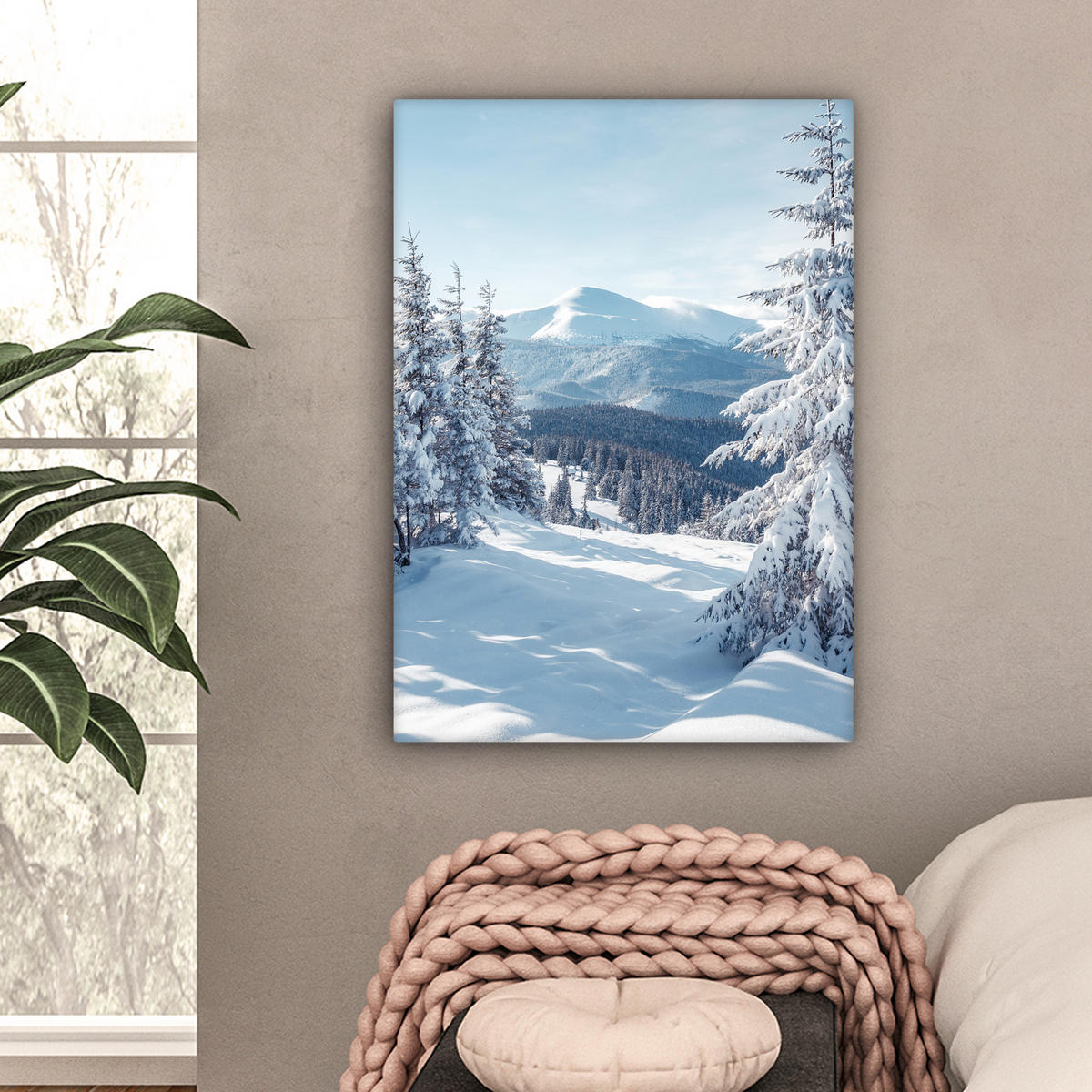 LEINWANDBILD Winterlandschaft - Natur - Berge - Bäume - Schnee Wandbild Wohnzimmer 60x80 cm - Hellblau, Textil (60/80cm) - MuchoWow