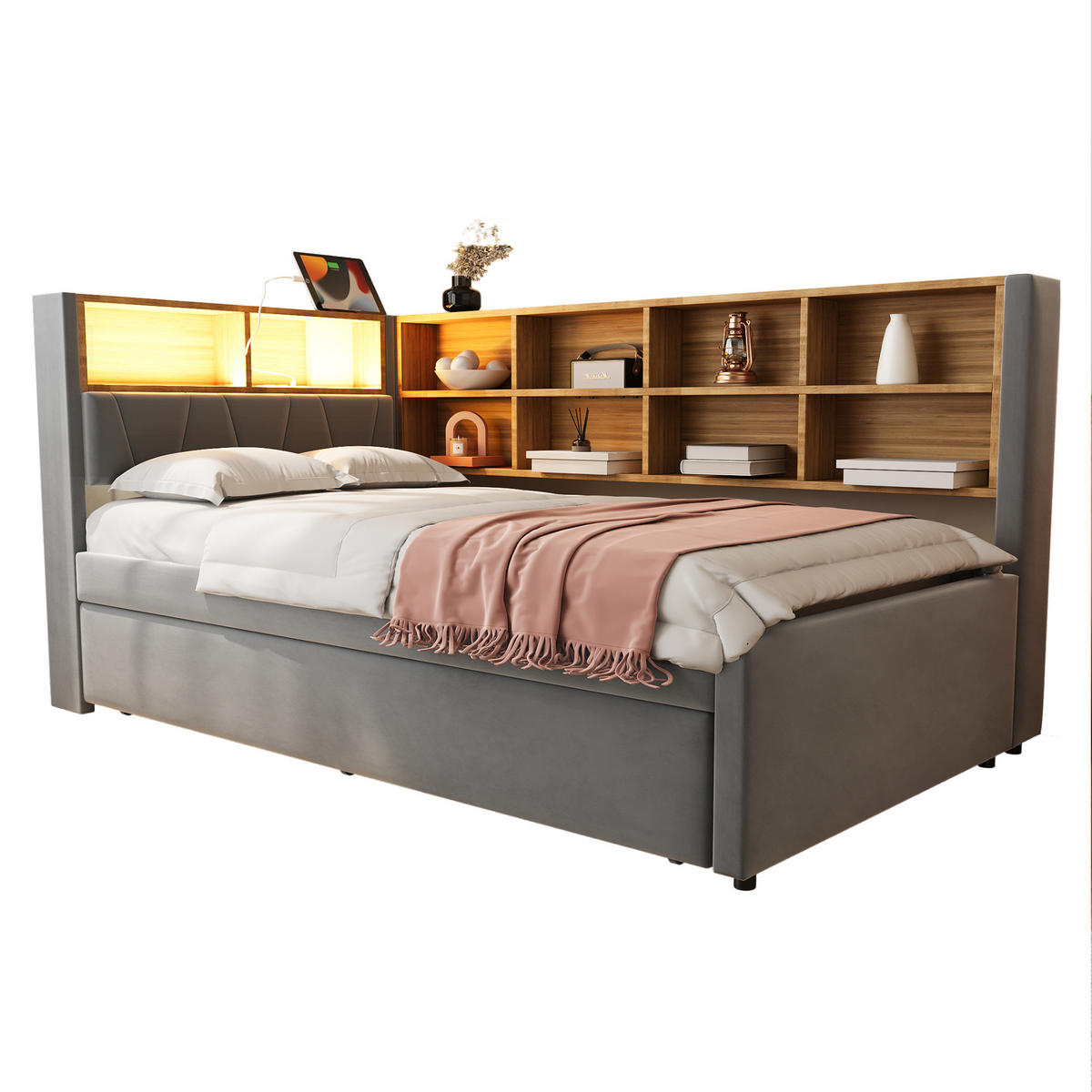 BETT mit Ausziehbett 90/190 cm Dunkelgrau Flanell mit LED-Leuchten & Ladeanschlüssen - Dunkelgrau, Textil (90/190cm) - OKWISH