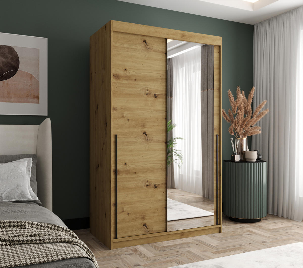 SCHIEBETÜRENSCHRANK mit Spiegel 120 cm Breite Artisan mit schwarzem Griff - Schwarz/Eiche Artisan, Holzwerkstoff (250/200/62cm) - Home Collective