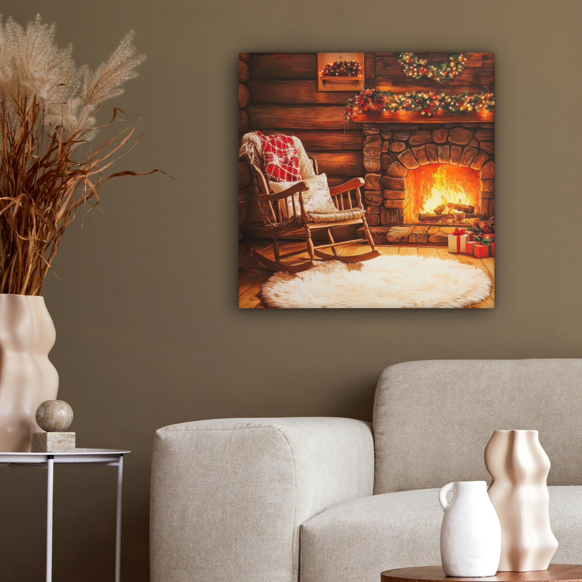 LEINWANDBILD Winter - Weihnachten - Zuhause - Kamin 50x50 cm - Bernsteinfarben, Textil (50/50cm) - MuchoWow