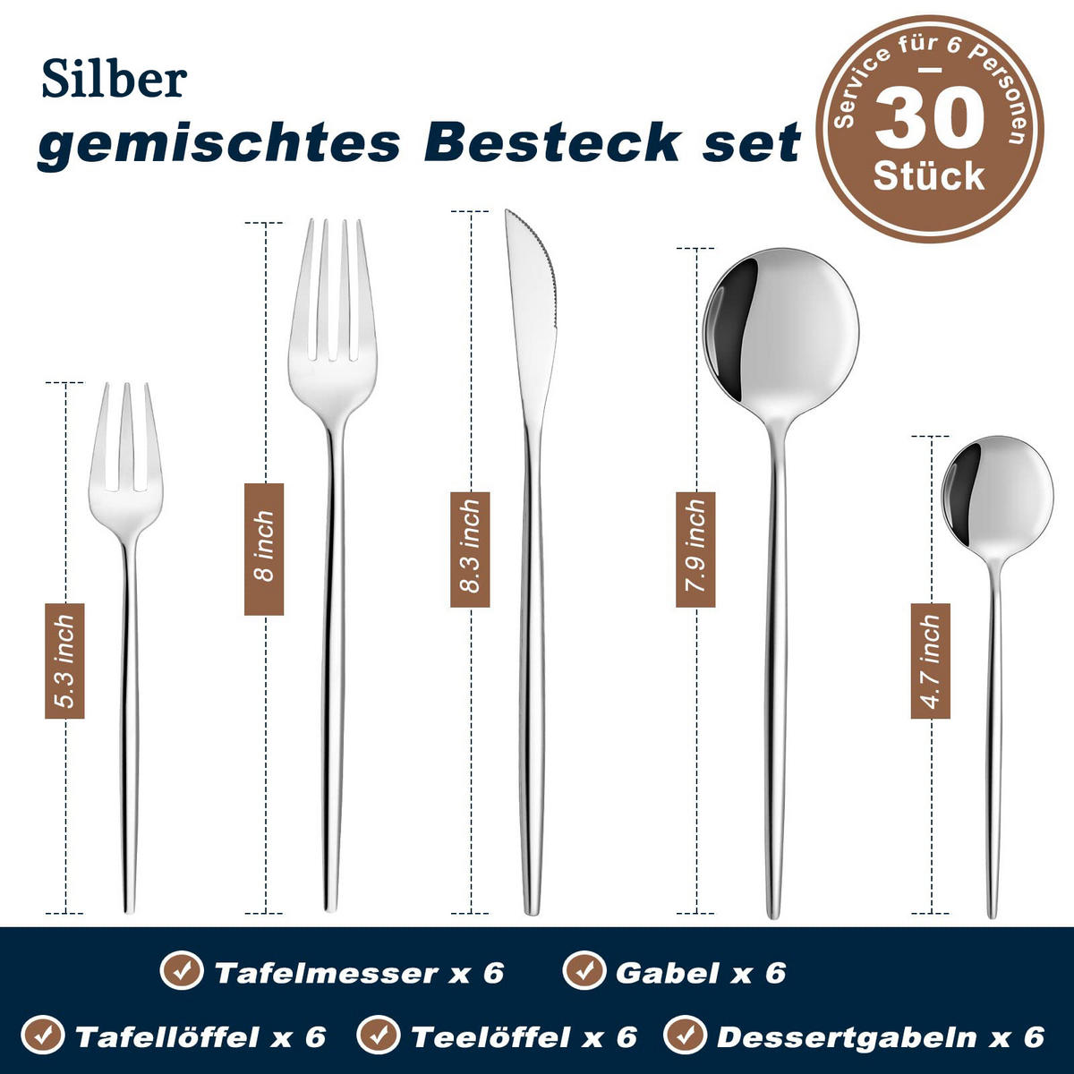 BESTECKSET 6 Personen 30-teilig Edelstahl, Spülmaschinenfest - Silberfarben, Metall - Kaket