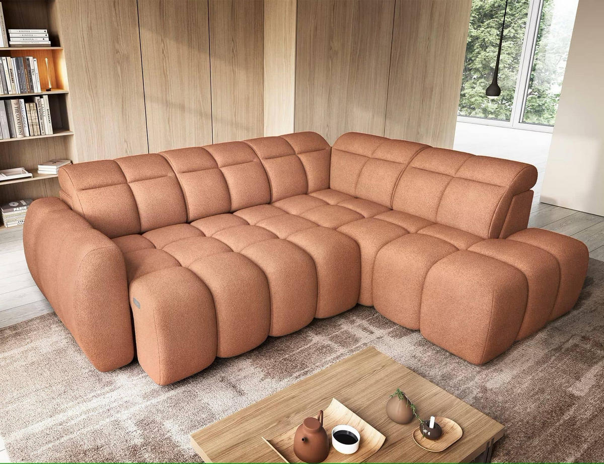 ECKSOFA mit elektrischem Sitzvorschub, Bettkasten und verstellbare Kopflehnen - Kupferfarben, Naturmaterialien/Textil (208/258cm) - Eltap