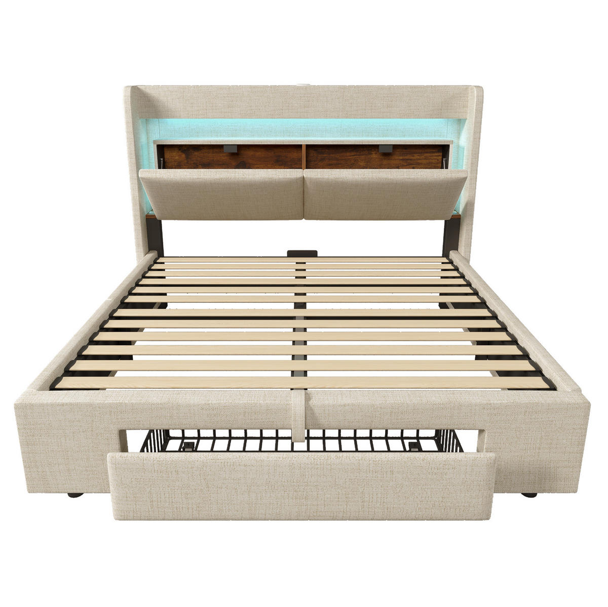POLSTERBETT aus Leinen 160x200 cm in Beige mit LED & USB/USB-C & Stauraum - Beige, Textil (160/200cm) - Modfu