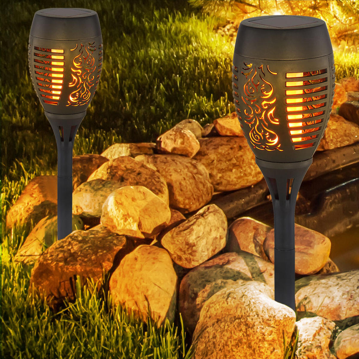 LED AUSSENLEUCHTE Solar Feuereffekt Schwarz 2er Set - Schwarz, Kunststoff (9.5/9.5/49.5cm) - Globo Lighting