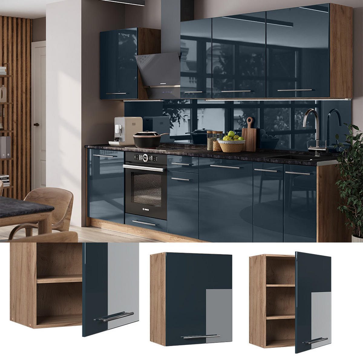 HÄNGESCHRANK Fame-Line, Dunkelblau Hochglanz, 60 cm - Eichefarben/Dunkelblau, Holzwerkstoff (60/72/34.1cm) - Vicco
