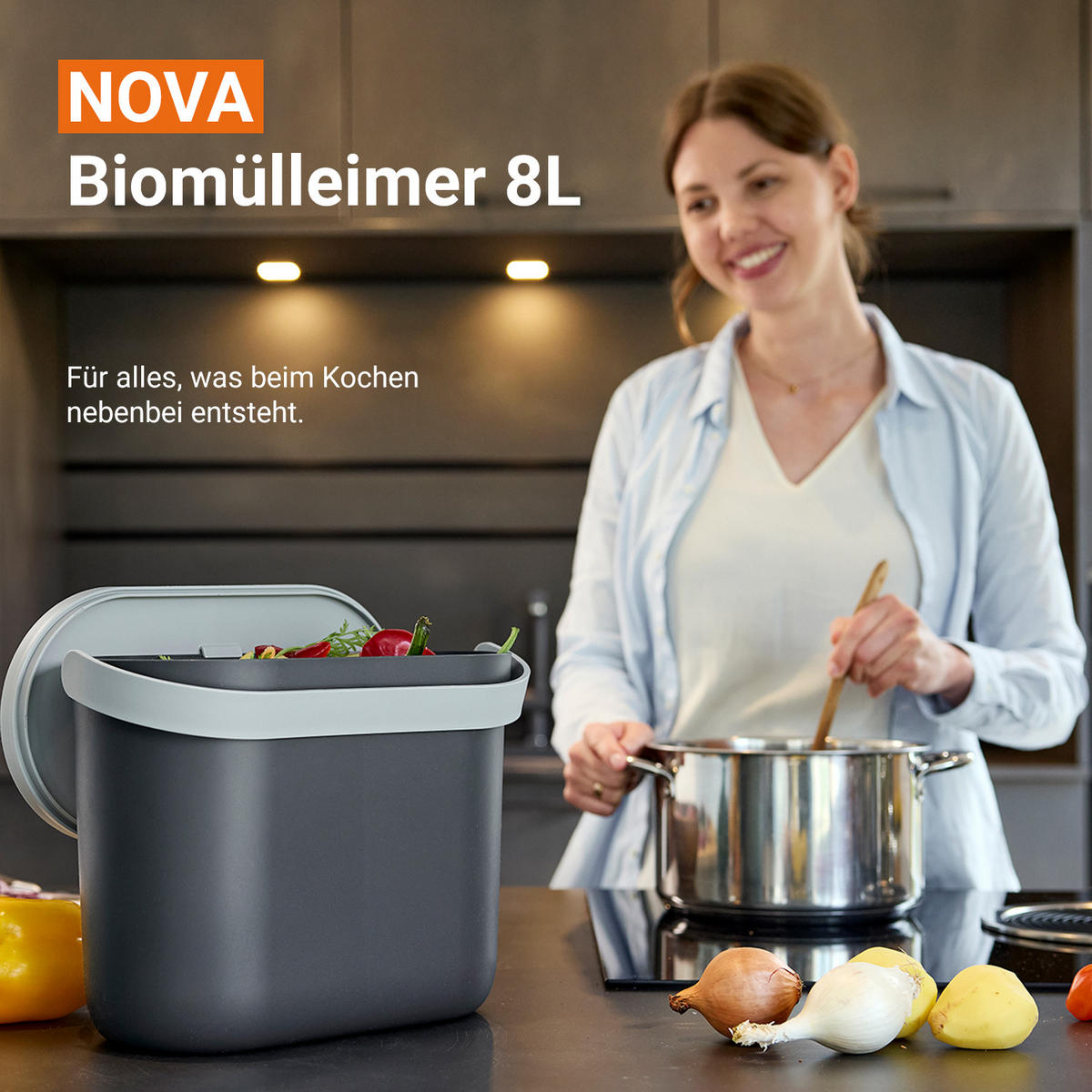 BIOMÜLLEIMER 8 L, graphite grey / steingrau - Hellgrau/Grau, Kunststoff (16/25/31cm) - GARANTIA