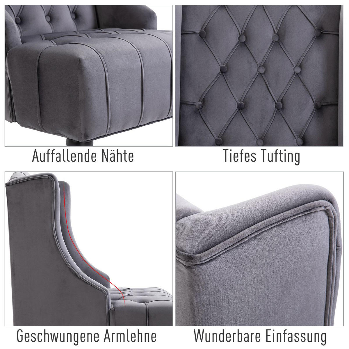 EINZELSESSEL mit Tufting Ohrensessel Relaxsessel erhöhte Beine 3 Farben - Grau, Holz (705/97/67cm) - HOMCOM