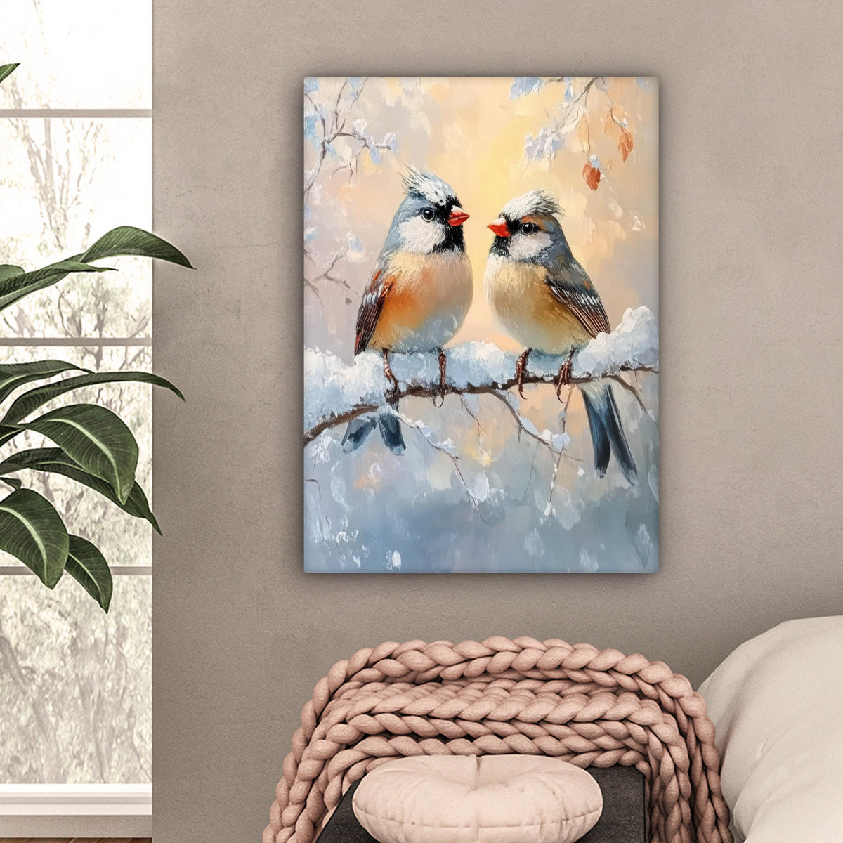 LEINWANDBILD Vögel - Zweig - Winter - Schnee Wandbild Wohnzimmer 60x80 cm - Pastellblau, Textil (60/80cm) - MuchoWow