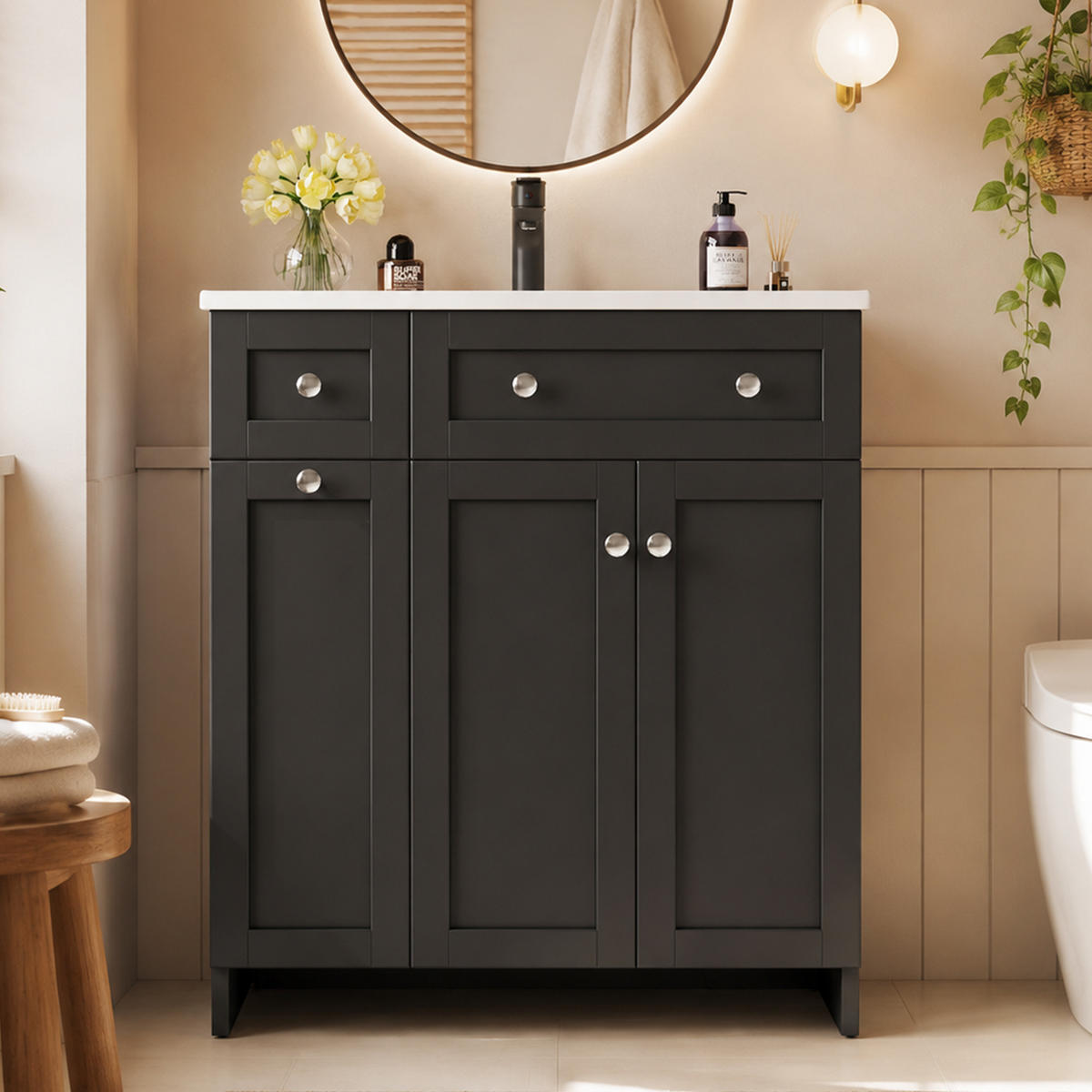 WASCHTISCHKOMBI 76/47/86 cm Schwarz mit freistehender Waschtisch und 3 Schubladen, ohne Wasserhahn - Schwarz, Holz/Holzwerkstoff (47/86/76cm) - Oxeza