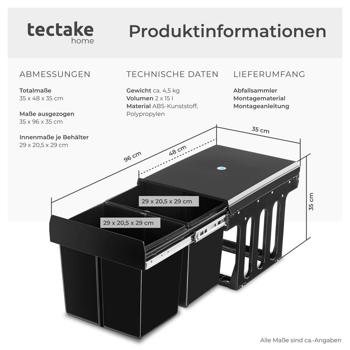 ABFALLSAMMLER Ashlyn,35 x 48 x 35 cm,schwarz - Schwarz, Kunststoff (35/35/48cm) - tectake