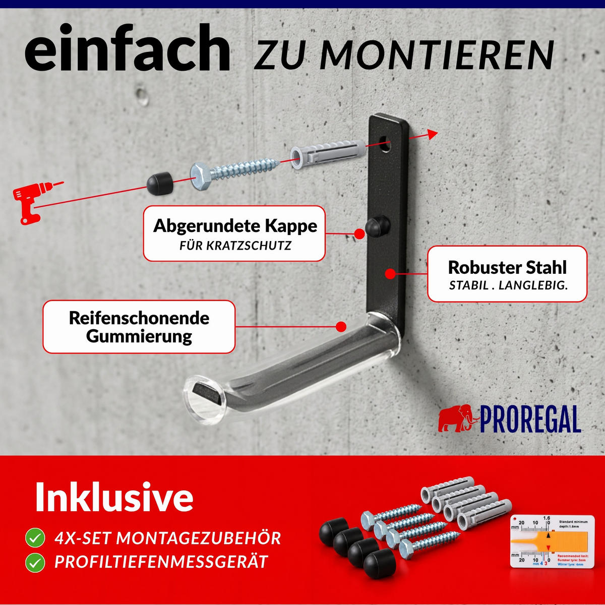 AUTOREIFEN-WANDHALTER PREX SMALL 4er Reifen Set HxBxT 10,5x2x10,5 cm Traglast 25 kg Schwarz Set für Garage Zum Anschrauben mit hoher Qualität - Schwarz, Metall (10.5/2/10.5cm) - PROREGAL