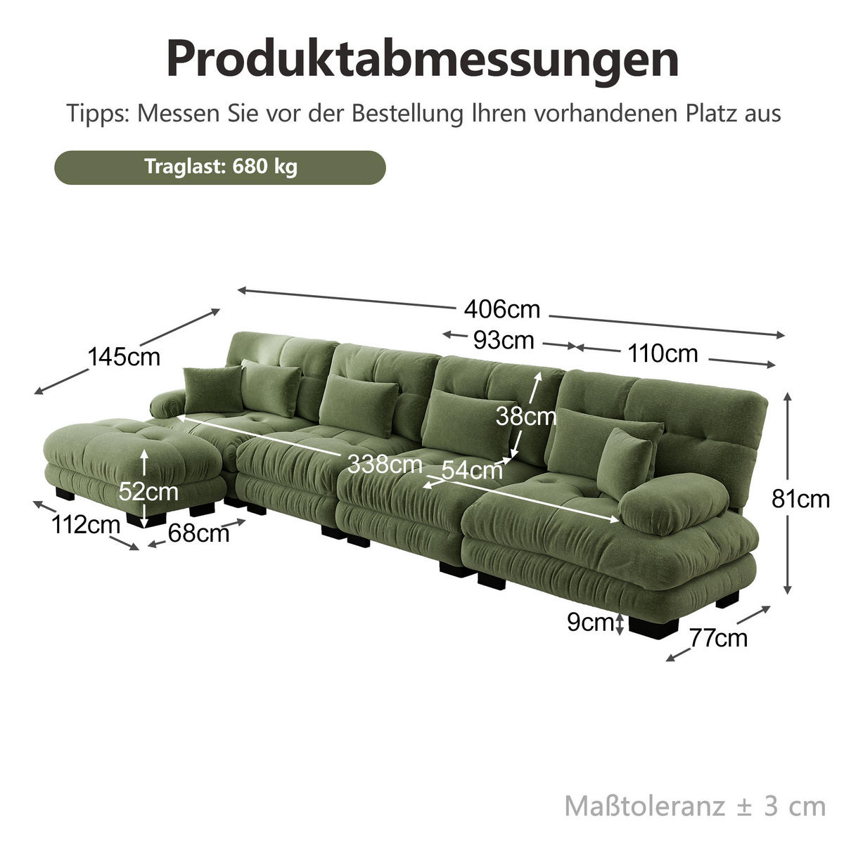 ROHOVÁ sedačka v tvare L 406 cm zo ženilky v zelenej farbe - zelená, textil (145/406cm) - Flora Grace