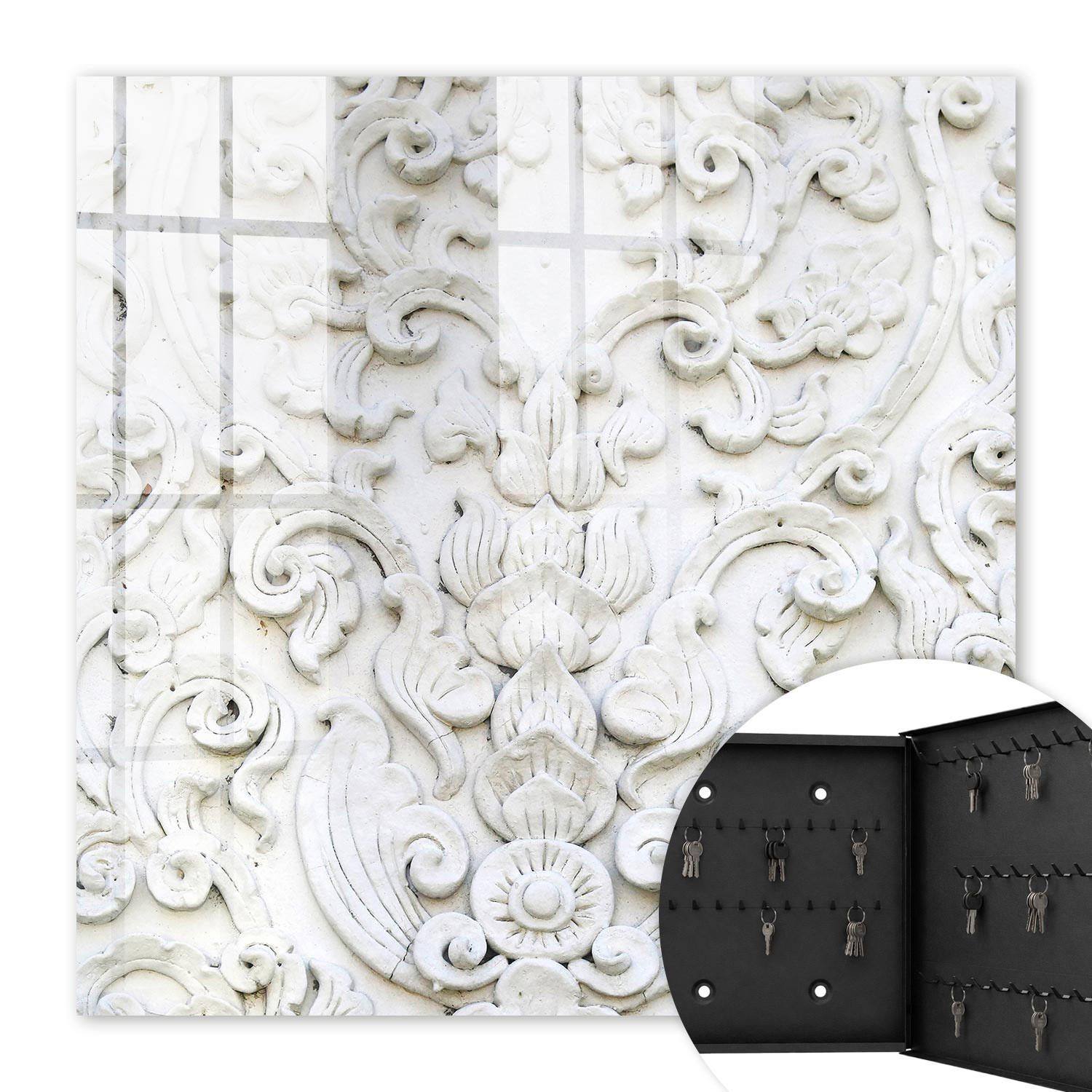 SCHLÜSSELBOX Schwarz 30x30 cm- Türöffnung nach rechts - Weiße Ornamente - Weiß, Metall (30/30/5cm) - TULUP