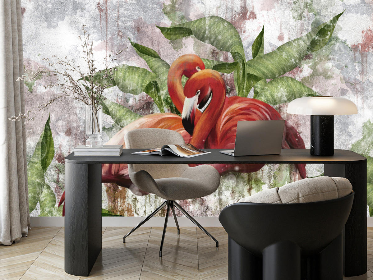 FOTOTAPETE für Schlafzimmer Abstrakte Flamingos Beton Tropische Blätter Palmen Natur 450x315 - Multicolor, Papier (450/315cm) - Muralo