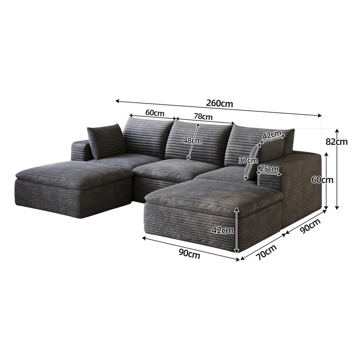 WOHNLANDSCHAFT aus Stoff Dunkelgrau mit verstellbaren Elementen und Schaumstoffpolsterung - Dunkelgrau, Textil (260/60/160cm) - Modfu