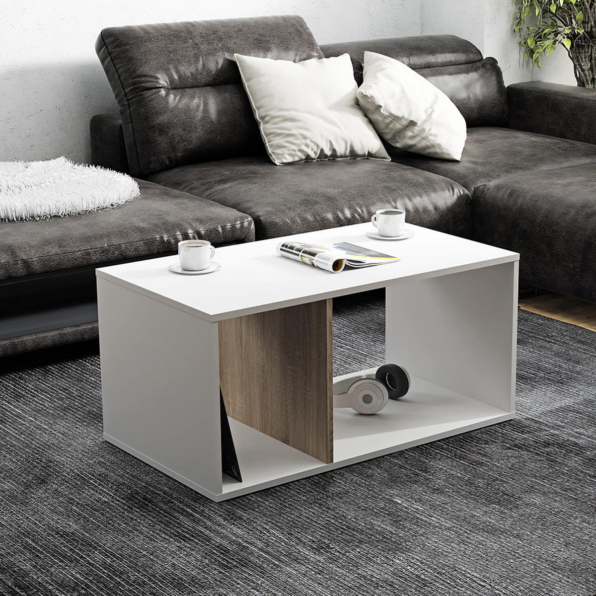 COUCHTISCH Roza Weiß + Sonoma Eiche - Weiß, Holz (51/90/43cm) - Jana