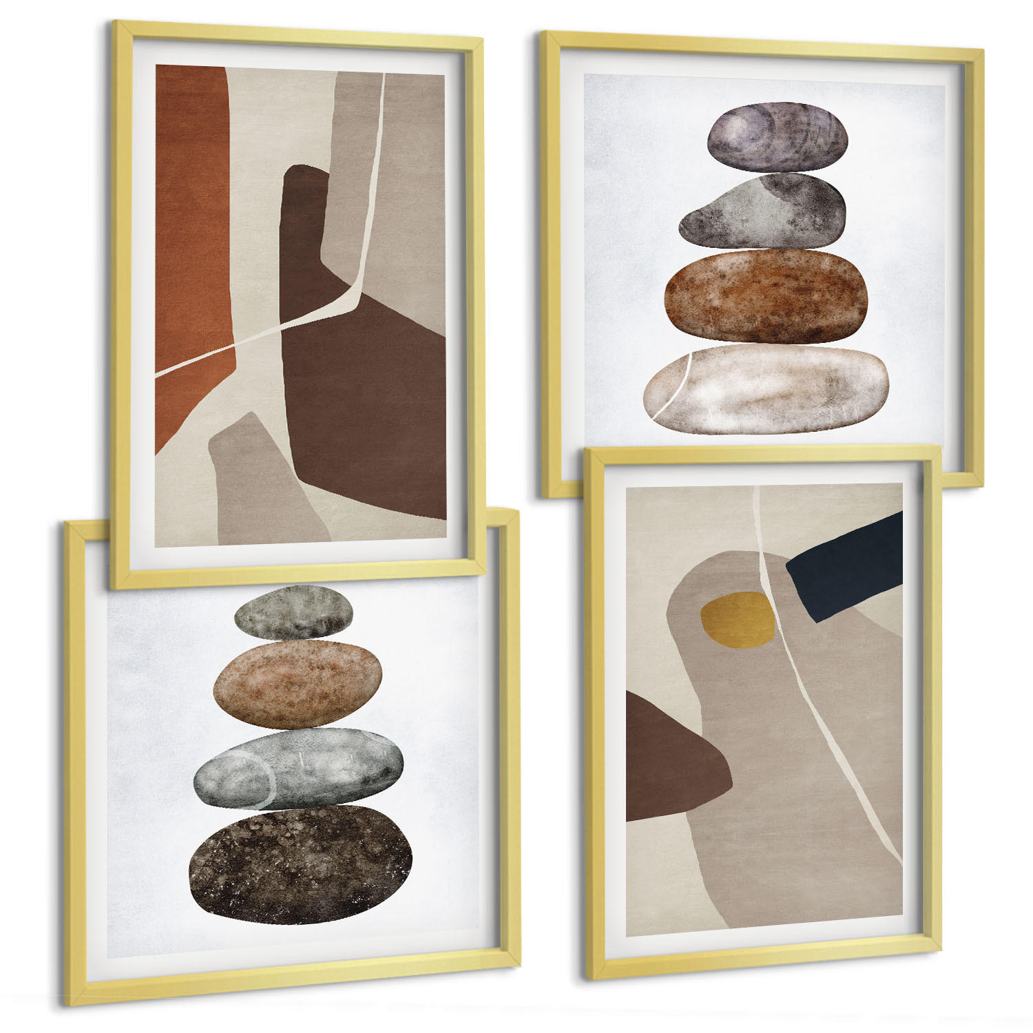 BILDER SET 4er Set - 50x50 cm & 40x60 cm Goldrahmen - Abstrakte Boho-Formen - Goldfarben, Kunststoff (50/50cm) - TULUP