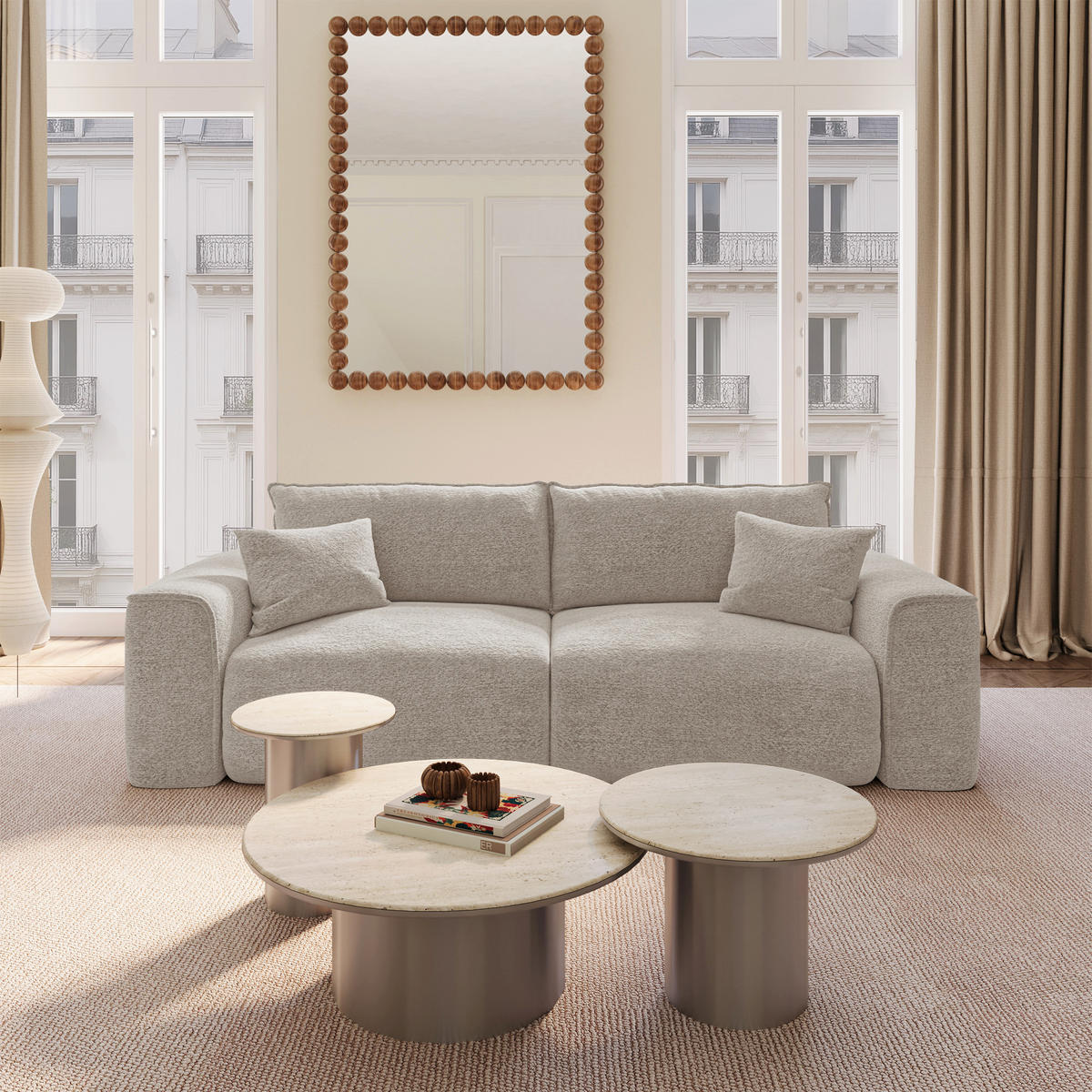 SCHLAFSOFA mit Stauraum COMO Bouclé-Stoff Hellgrau 254cm - Hellgrau/Grau, Textil (254/78/95cm) - Premium Interiors