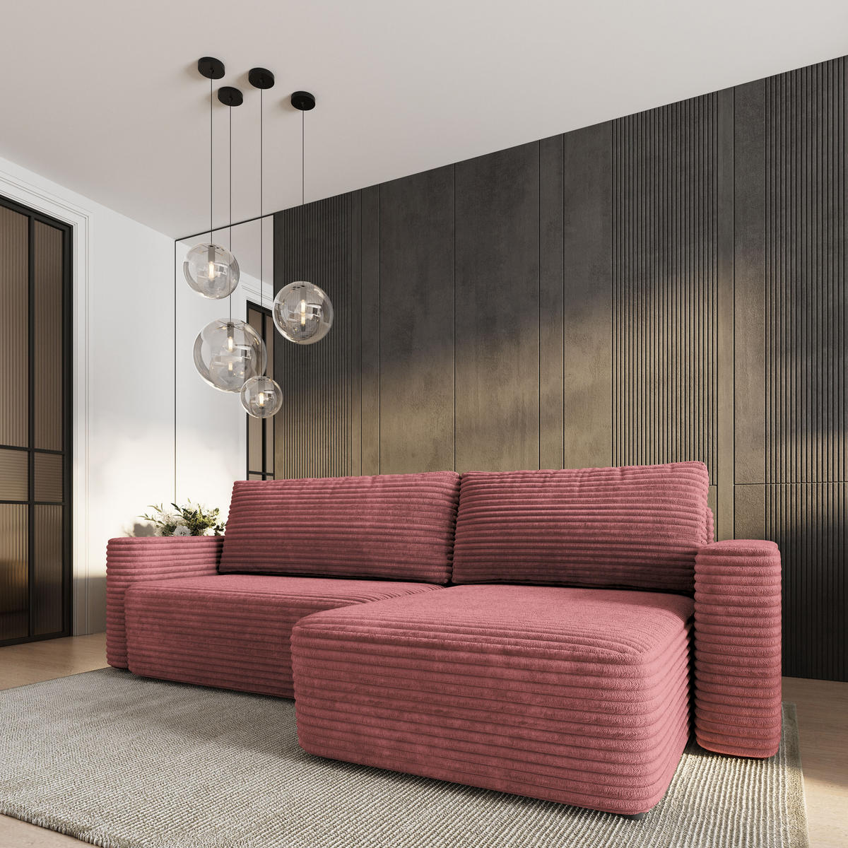 ECKSOFA TELIN Rosa Kordstoff mit Schlaffunktion - Rosa, Holz (280/162cm) - MASSENO