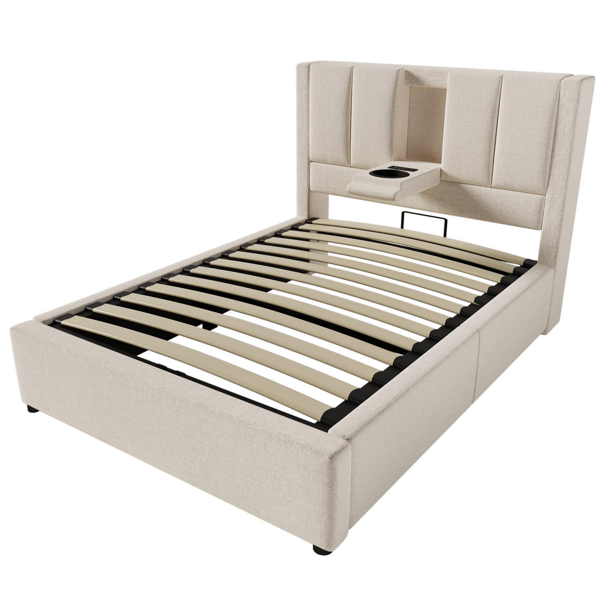 POLSTERBETT 90/200 cm mit Ladestation, verstecktem Becherhalter und hydraulischem Stauraum, Leinen und Matratze, Beige - Beige, Textil (90/200cm) - Redom