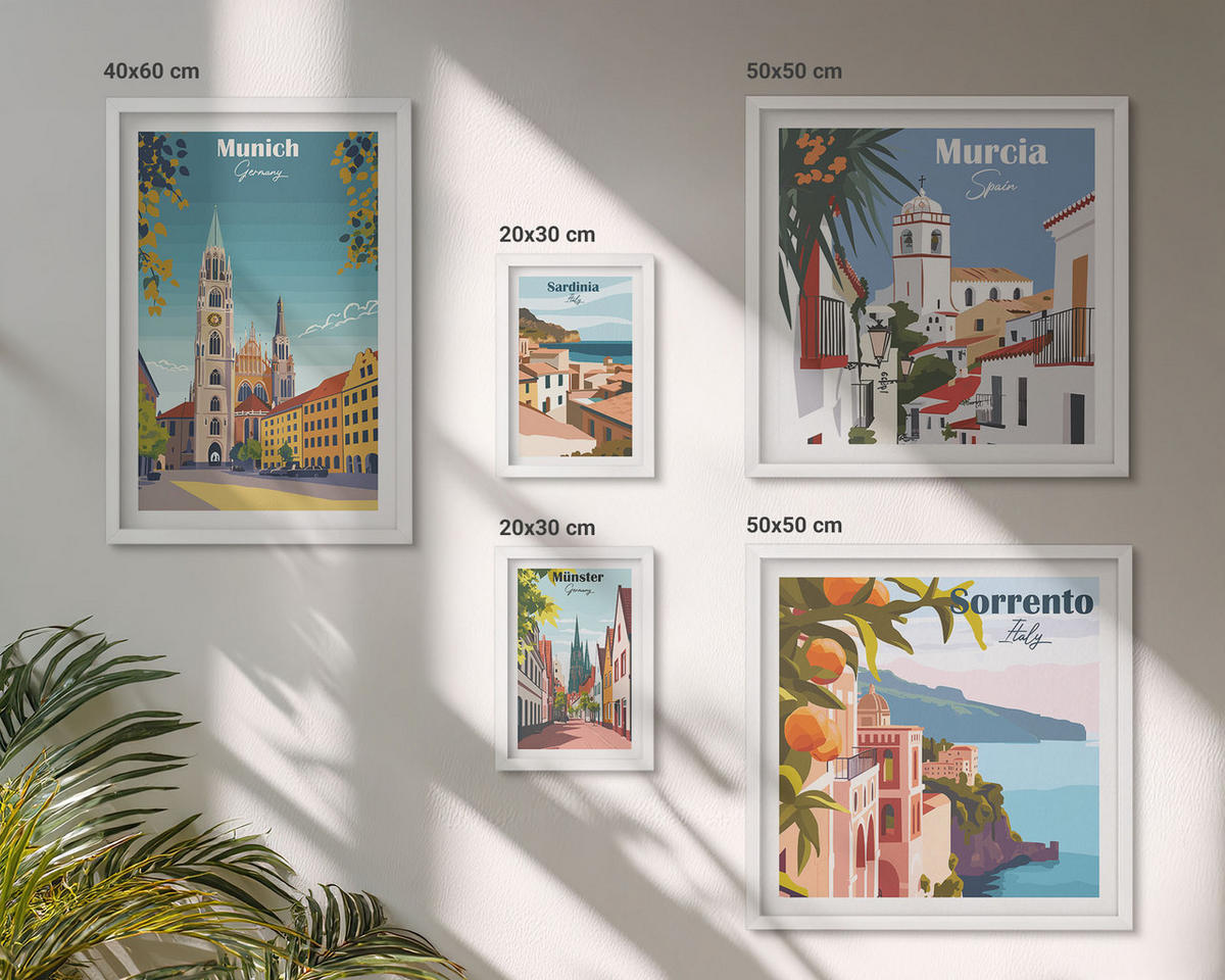 BILDER SET 5er Set - 50x50 cm & 20x30 cm & 40x60 cm Weißer Rahmen - Retro-Stadtillustrationen - Weiß, Kunststoff (40/60cm) - TULUP