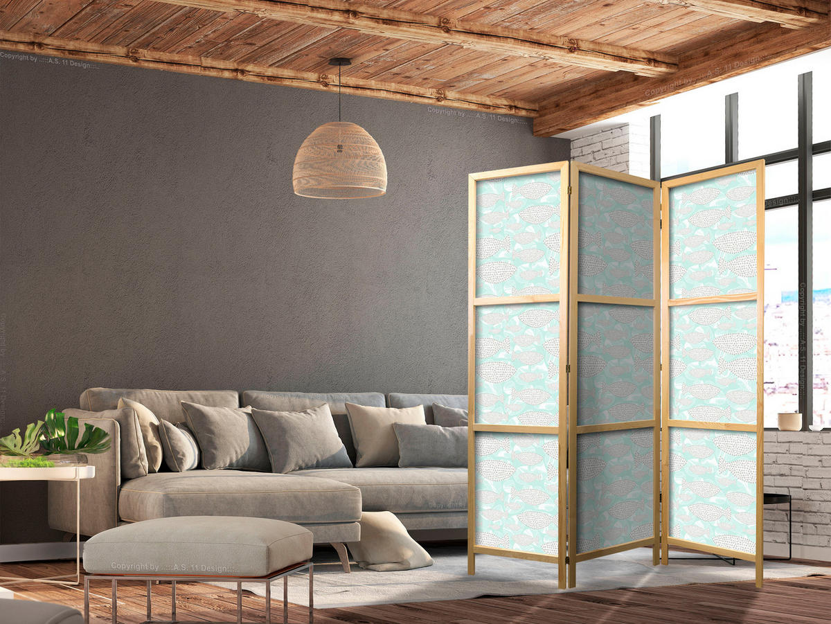 PARAVENT Japanischer 3-tlg 135x172 cm Gepunktete Fische - Grau, Holz/Textil (135/172/3cm) - Muralo