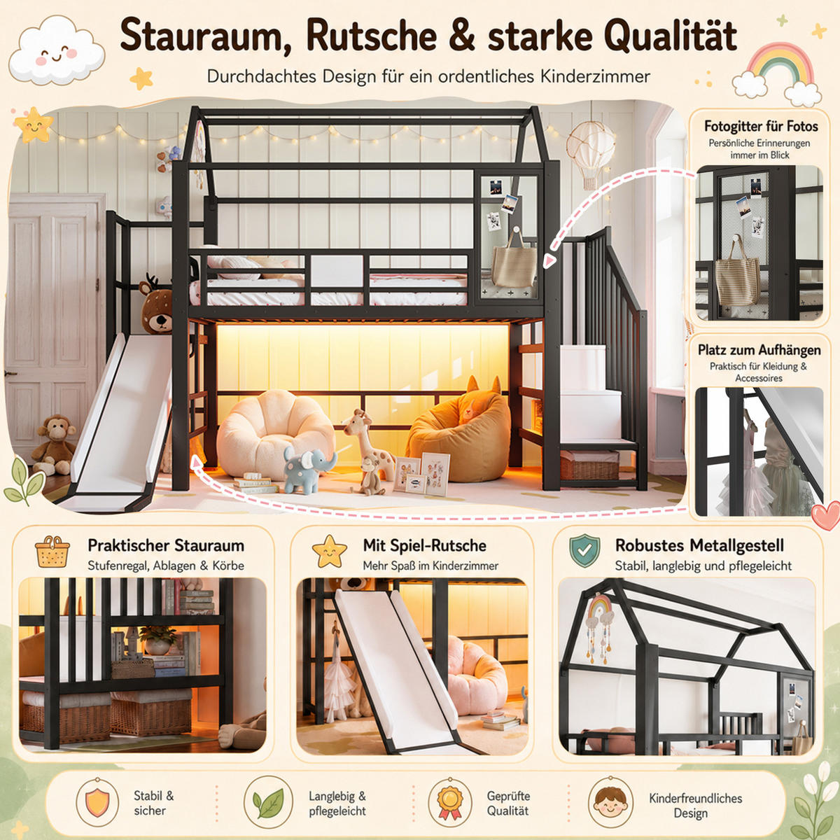 KINDERHOCHBETT MDF & Metall 90x200 cm Schwarz mit Rutsche, Treppe, Stauraumfächern und LED-Beleuchtung - Schwarz, Holzwerkstoff (90/200cm) - Modfu